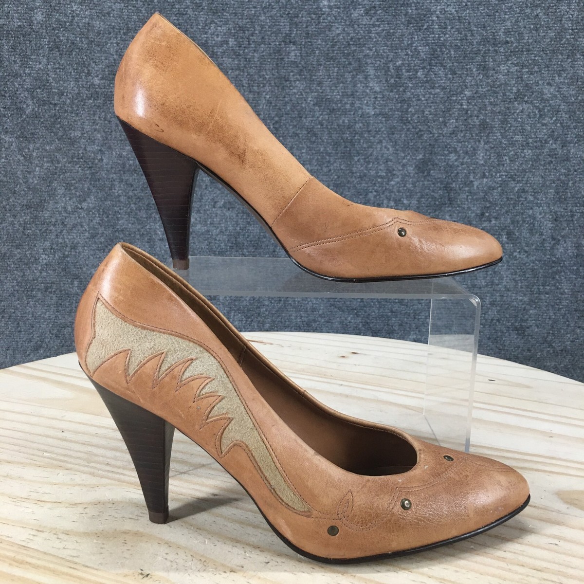 Rush Hour Shoes Womens B High Heels Pumps Slip On Brown Leather Studs  Casual