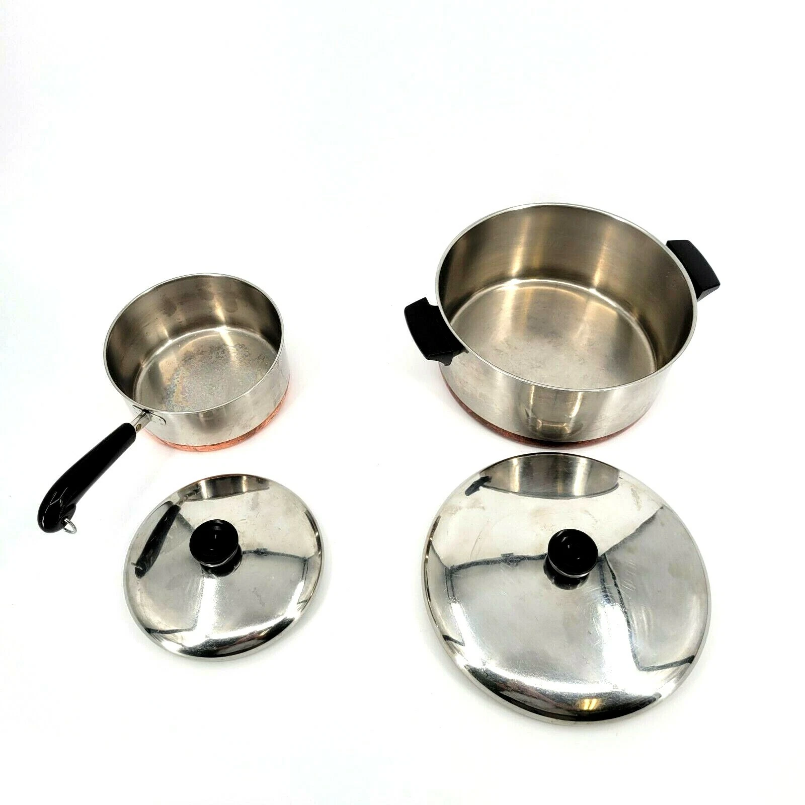 2 Vtg. Revere Ware 1801 Copper Bottom Stainless 6 Qt.Pot /2 qt Pans with Lids