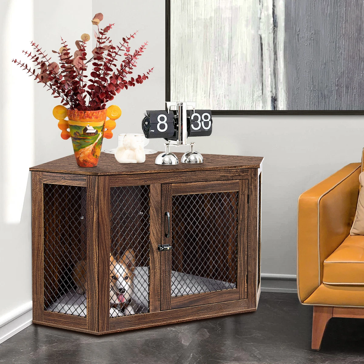 Furniture Corner Dog Crate w cushion Lockable Door Kennel Dog