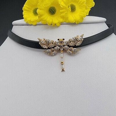 18K Gold Plated Dragonfly Choker Collar Necklace. Black cord with Lobster Clasp