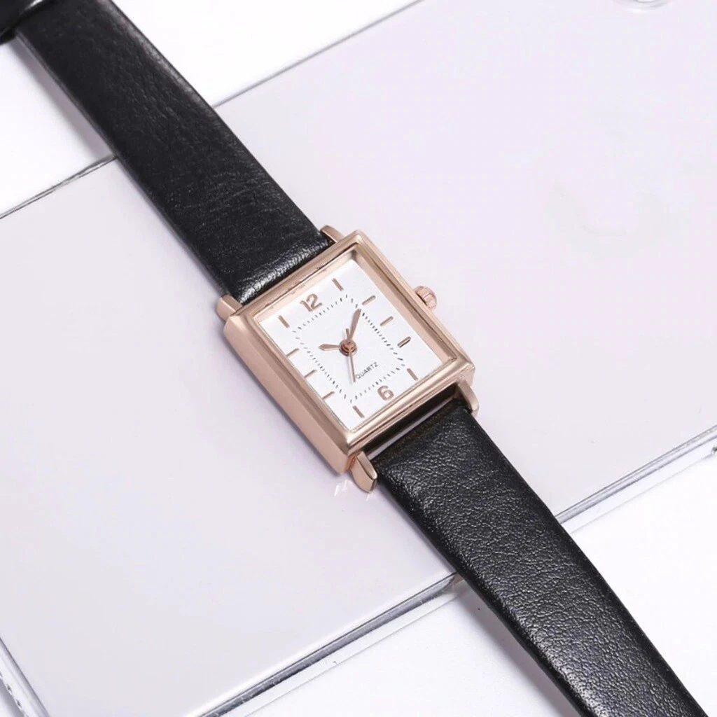 Ladies Small 2.2 cm White Square Face Black Narrow Faux Leather