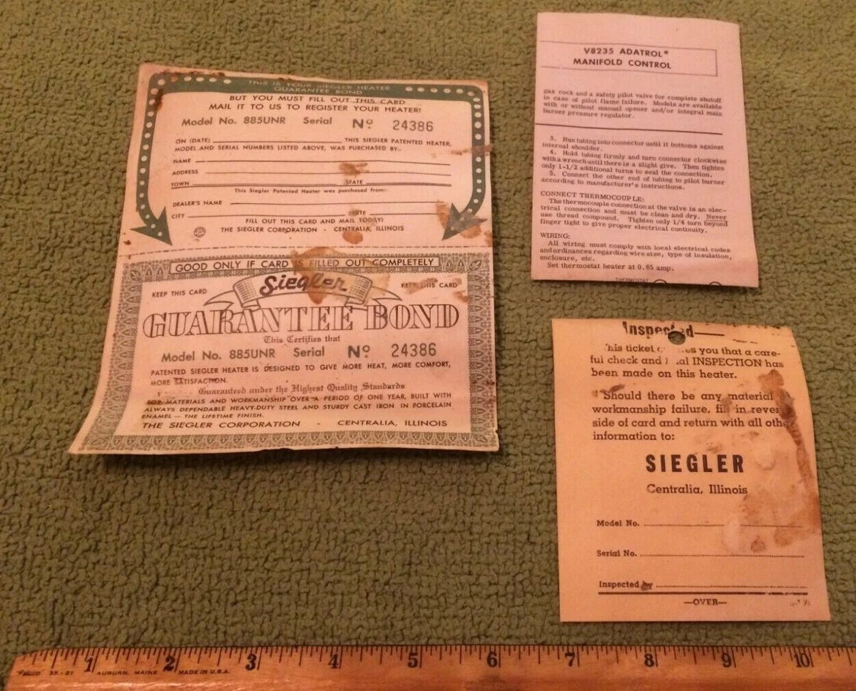 Antique Siegler Gas Heater Instructions u0026amp; Guarantee Bond Paper Model No  885UNR | eBay