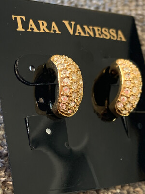 Tara Vanessa Post Earrings Rhinestones Gold Tone 1/2 Inch