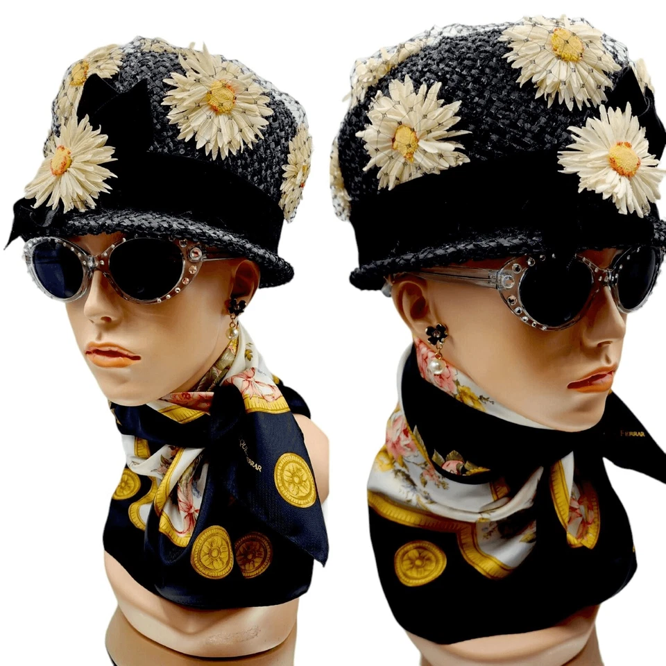 Vintage Daisy Flowers Cloche Hat Black Straw Velvet Band Union Label Wedding - Image 4 of 4