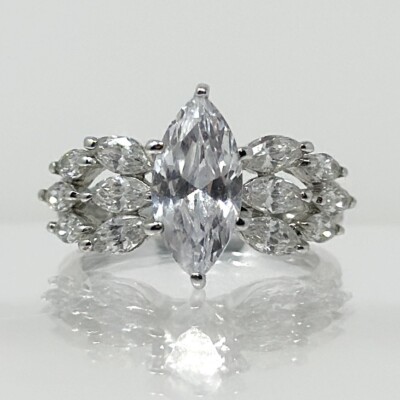 Vintage Glass Crystal Cut Multi Stone Engagement Silver Tone Size 6 Ring