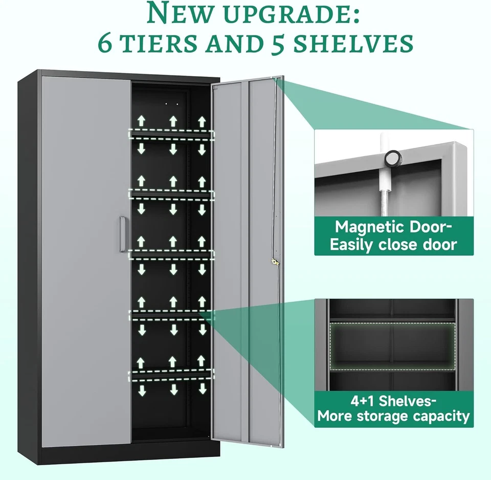 Gabinete de almacenamiento de garaje de metal de 72"" de alto con 2 puertas 5 estantes ajustables Foto 4 de 4