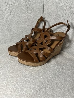 Daisy Fuentes Caramel Faux Leather Cork Wedge Sandals Sz 6.5-7 Boho Read Descri