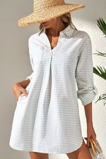 Striped Johnny Collar Long Sleeve Mini Shirt Dress – Classic & Effortlessly Styl