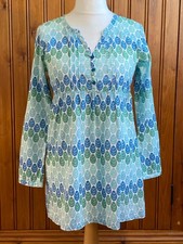 SEASALT Ladies 'Emma Tunic' Teal Leaf Print Cotton Blouse Rolltab Sleeve Size 10