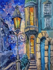 Città notturna dipinto ad olio 15x20 cm paesaggio urbano originale dipinto olio su cartone