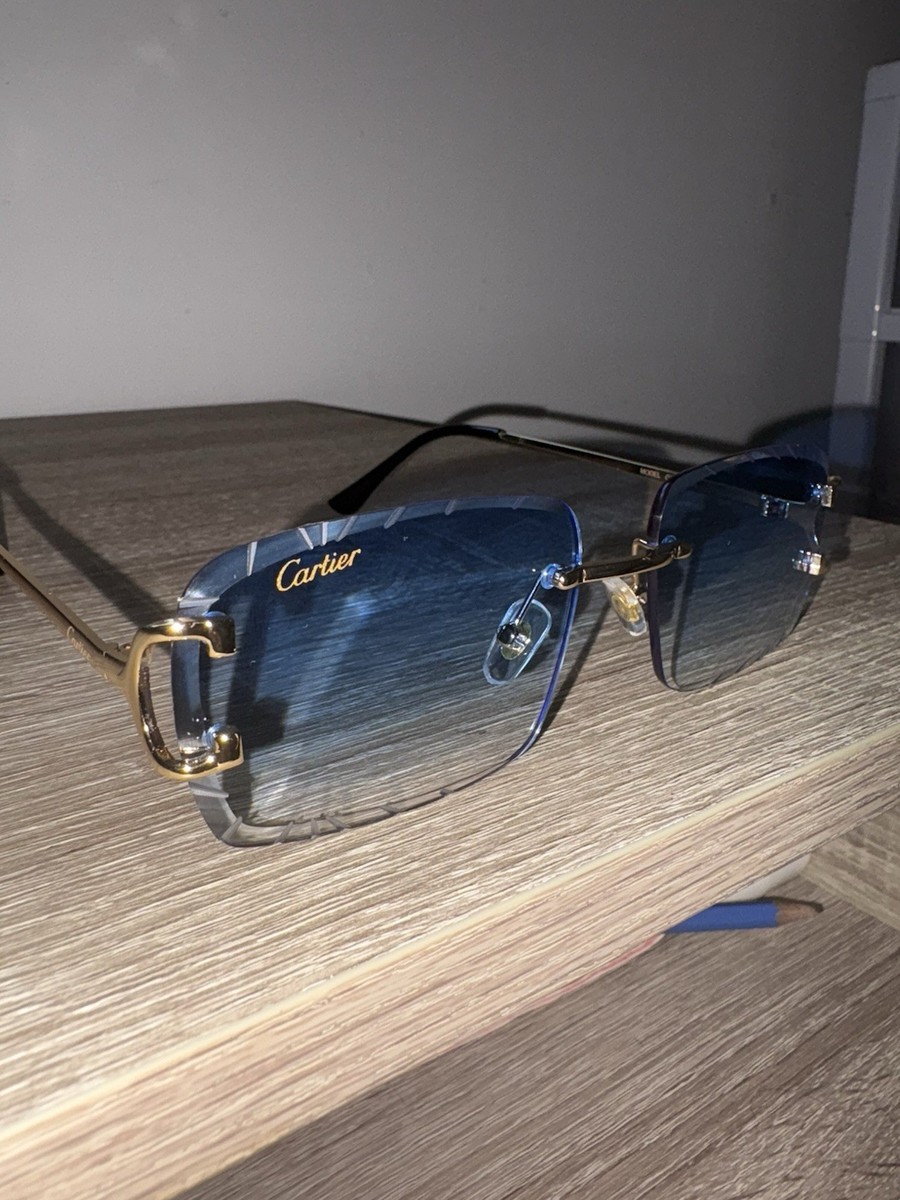 Vintage Sunglasses Mens Big C Cartier Sunglasses Blue Rimless Big