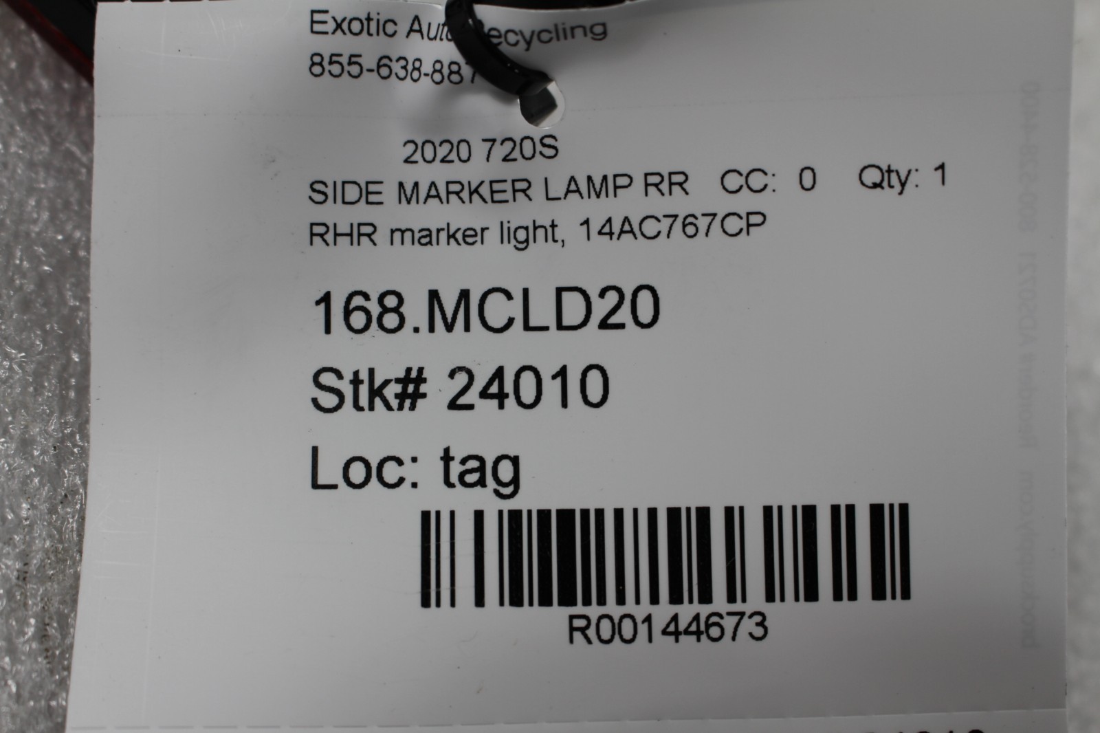 McLaren 720S, RH, Right, Rear Side Marker Light, Scratched, Used, P/N 14AC767CP