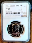 1964 Kennedy Accented Hair Half Dollar, NGC Pr 67, No Spots. Mirror Surface