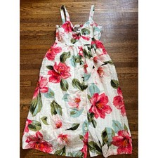 LOFT Women Floral Clip Dot Button Front Midi Dress White Pink Green Size 4