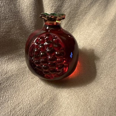 Beautiful Red Glass Pomegranate Fruit Figurine W/green Stem