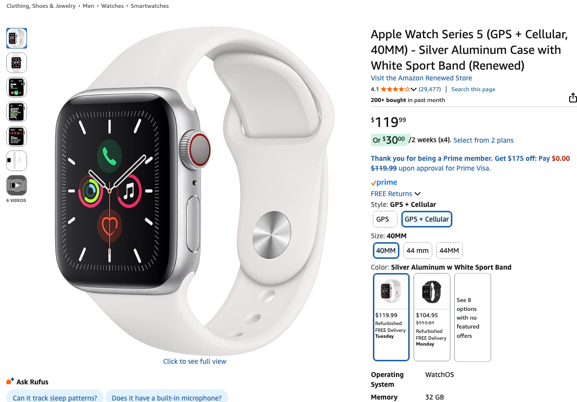 Apple Watch Series 5 40mm Aluminium Case with White Sport Band - S