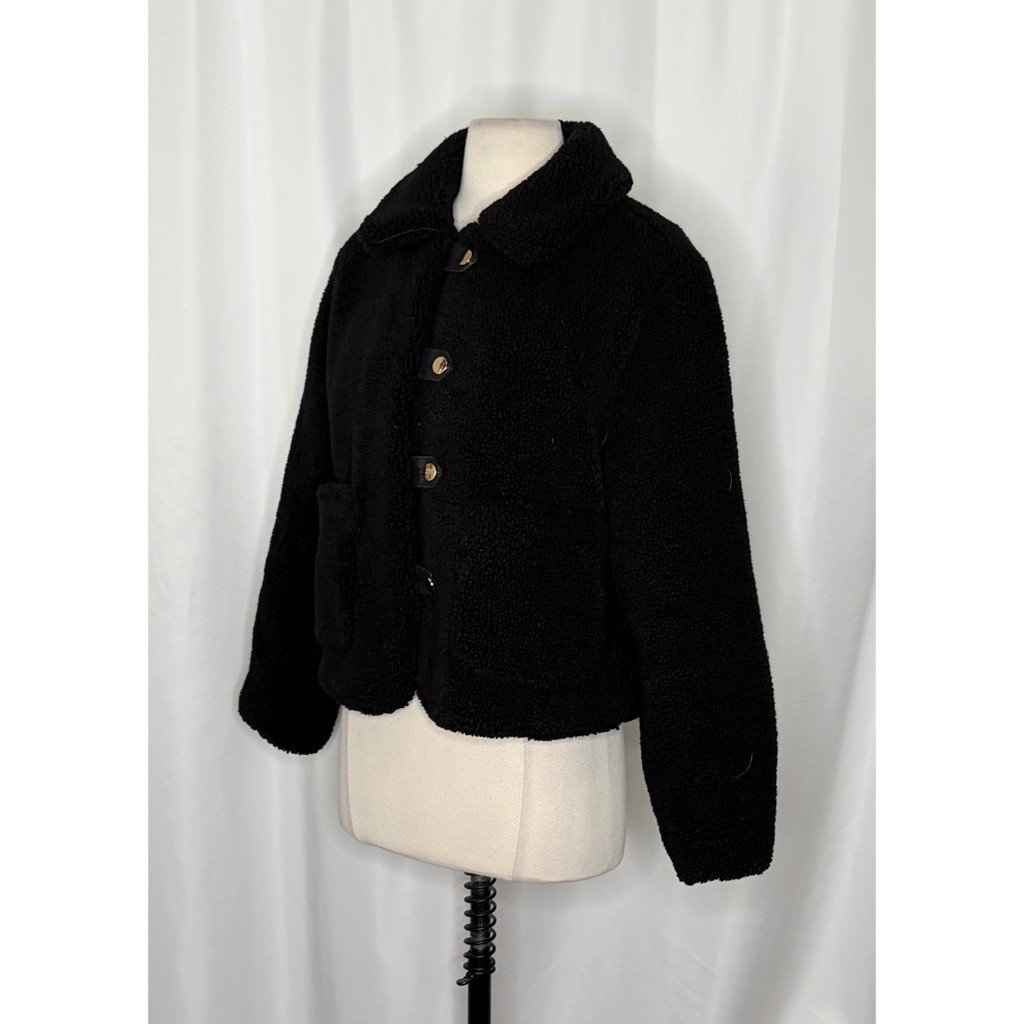ZARA Black Sherpa Fuzzy Fleece Teddy Coat Faux Shearling Snaps Pockets Small image 6