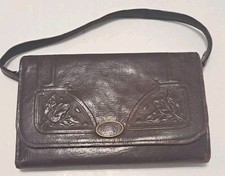 Vintage Tooled Leather Handbag Dark Brown Leaves Mirror Inside Pockets Strap