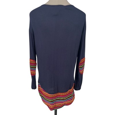 Boho Jane Women's Blue Long Sleeve Top S Relaxed Patch Details Rainbow - AC
