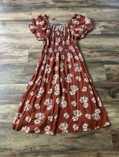 Madewell Floral Linen Midi Dress XL Rust Puff Sleeve Smocked Cottagecore Boho