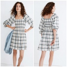 Madewell Lucie Elbow Sleeve Smocked Plaid Mini Dress Sz XS Pink Cottage Prairie