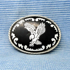 Western Eagle Belt Buckle Etched Enamel Metal Inlay Vintage 80s W USA  .GTA785