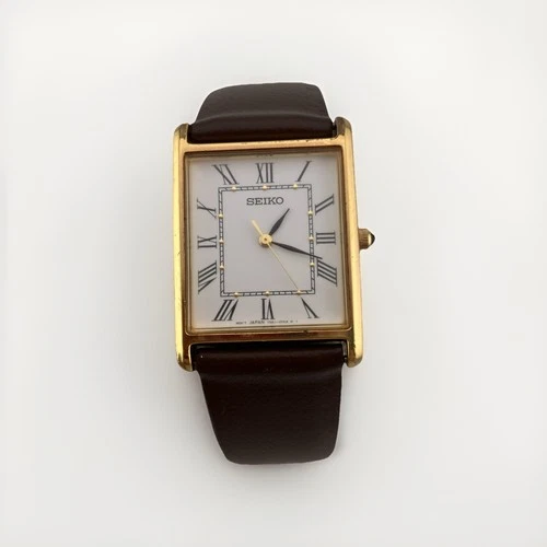 Vtg Seiko Men 25mm Watch Gold Tone White Tank Roman Stretch 7N01-0EZ0 - RUNS