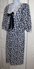 VTG Dress Just Ducky  Midi Navy Blue/white Floral  Blouson  Lace-Collar  Wm. 14