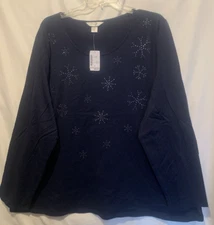 CJ Banks 3X Navy w/Rhinestone Snowflakes Knit Top, crew neck, long sleeves-NWT