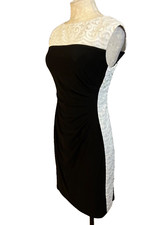 Chaps Ralph Lauren Dress Black White Petite Medium PM Stretch Sheath Washable
