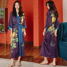 Lady Chinese Print Long Robe Satin Silk Bathrobe Sleepwear Night Gown Dress Chic