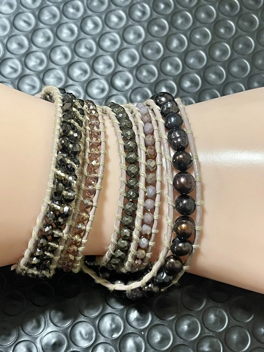 LIZOU Multi Color Pearl 4mm Bead Leather Strand Wrap Bracelet