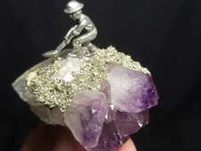 Fantasy Pewter Mining Scene on Amethyst Crystal, Made in USA (3.7 oz) J2
