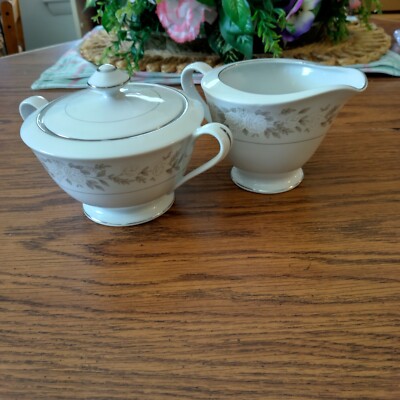 Vintage Fine China Adele Japan White/Gray Floral Roses Sugar Bowl, Lid & Creamer