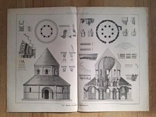 Antique Lithograph C1885. The Round Church.  Cambridge.  Architectural 