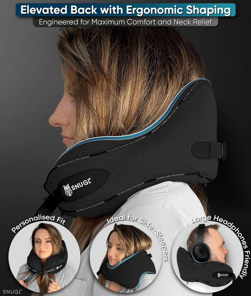 TRAVEL PILLOW Memory Foam Neck Support Cushion Jet Black Small SNUGL