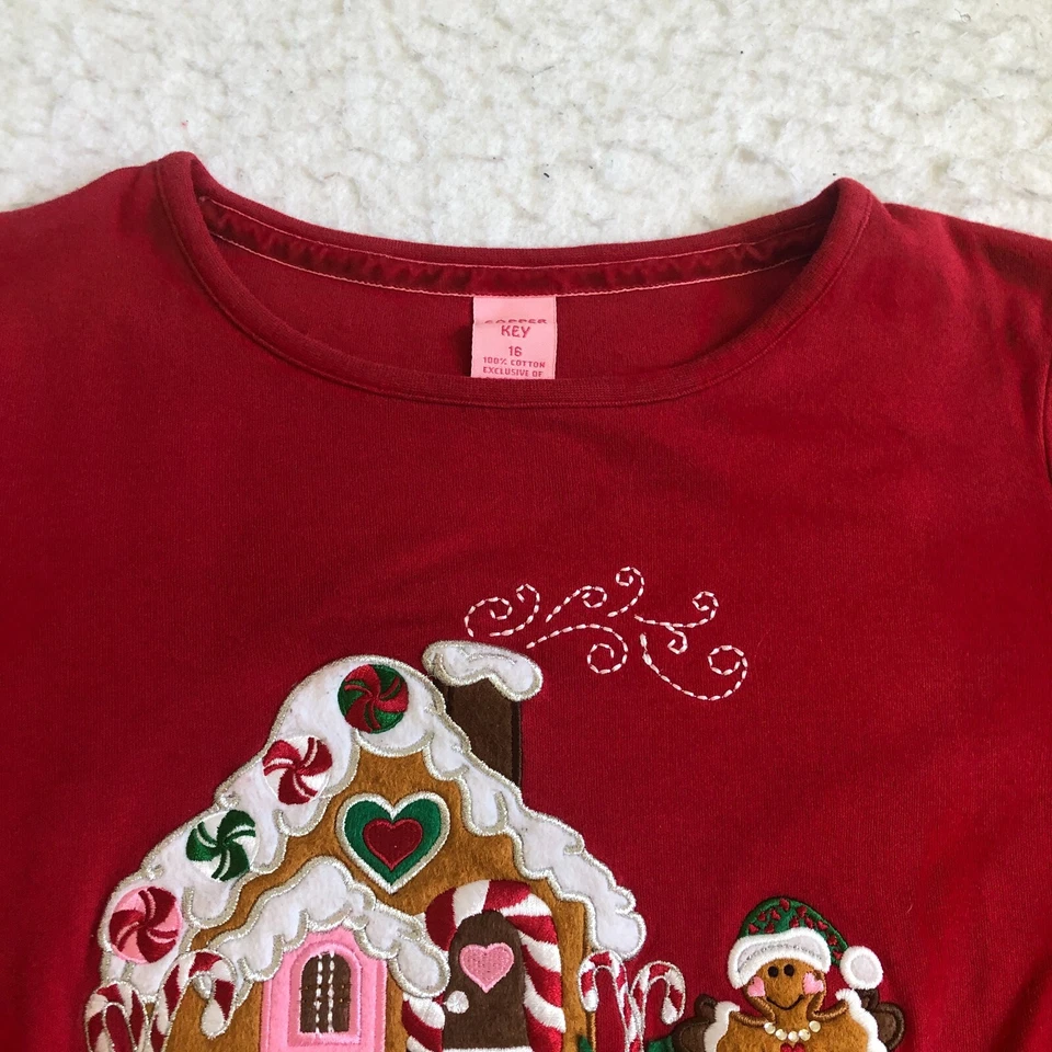 Top Copper Key para mujer talla 16 rojo Navidad pan de jengibre casa bordado manga larga Foto 2 de 4
