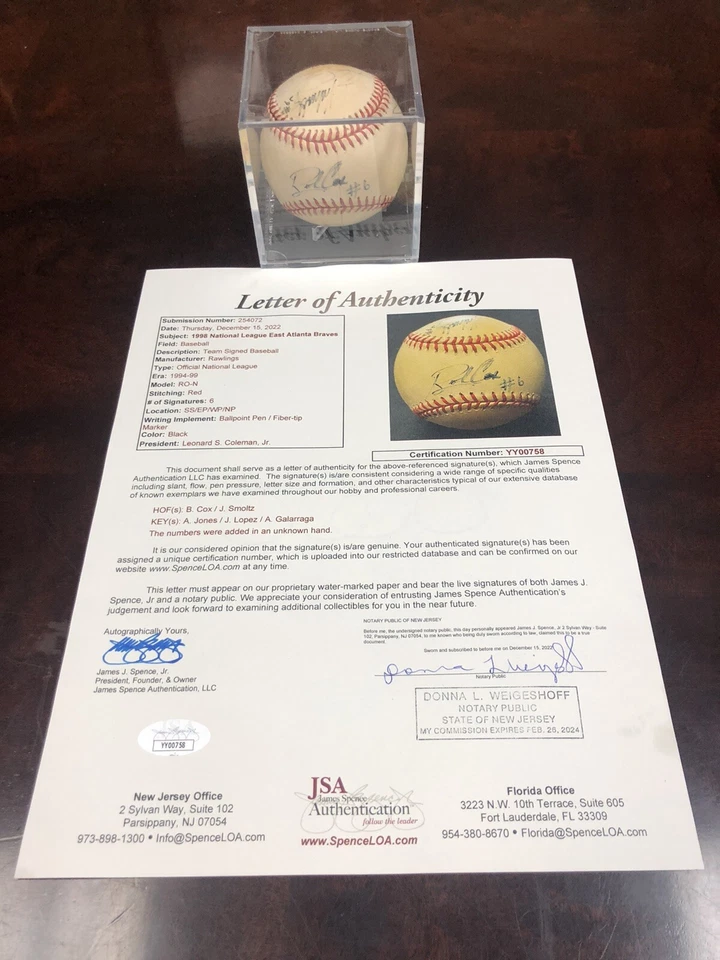 Atlanta Braves Autograph Baseball J.Smoltz B.Cox A. Jones J.Lopez Others JSA COA - Image 2 of 4