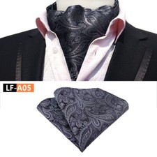 Classic Men's Ascot Cravat Tie Silk Paisley Gray Black Scarf Cravat Hanky Set