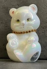 FENTON Glass Bear Figurine Iridescent Milk Glass With Rhinestone Necklace Signed