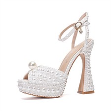 Womens Pearl Platform Heels Wedding Heeled Sandals Dress Evening Bridal Shoes