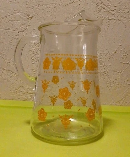 Vintage Pyrex Corning Butterfly Gold Floral Glass Pitcher with Ice Lip 70s New