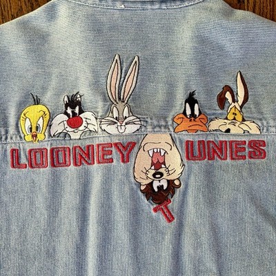 Warner Bros. Studio Store Denim Embroidered Cartoon Button-Up Oversized L 1997