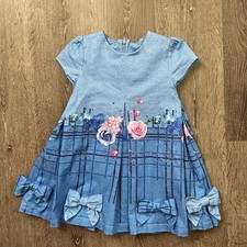 Lapin House Girls Dress Blue Plaid Floral Bows Size 3T