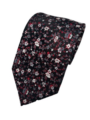 Bruno Piattelli 100% Silk Handmade Black Red Gray Floral Necktie  59.75''x 3.75''