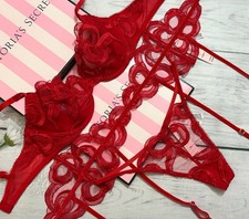 Victoria  s Secret Wicked Unlined Bow Embroidery Bra Thong Garter 3 pcs Set Red