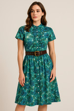 Vtg 50s WATERCOLOR Art FLORAL Print Short Sleeve FIT FLARE Full Skirt Dress M