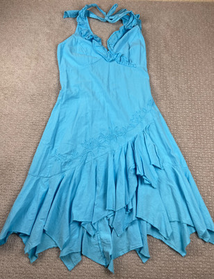 Scully Dress Womens L Ruffled Halter Cantina Blue Embroidered Flare Peru Cotton