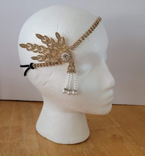 Crystal Rhinestone Headband Gold Tone Leaf Flapper Wedding Hair Accessory
