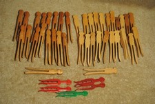 Big Lot of 44 Vintage Flat Wooden and Plastic Clothespins